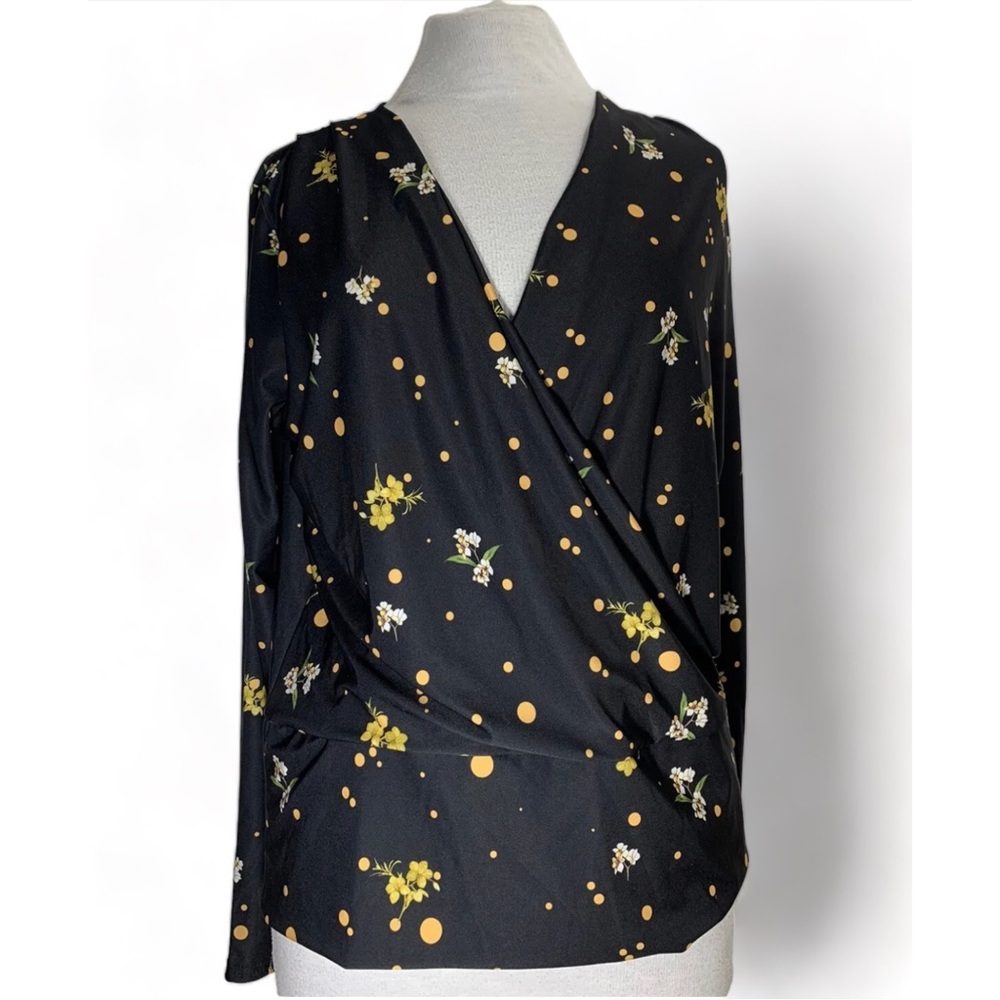 Dorothy Perkins Floral Blouse Top Long Sleeves Black Wrap Front Stretch UK 12 - Picture 1 of 15